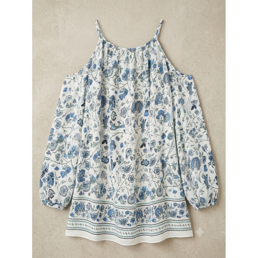 Blue White Floral Cold Shoulder Blouse Long Sleeve Boho Bird Butterfly Top